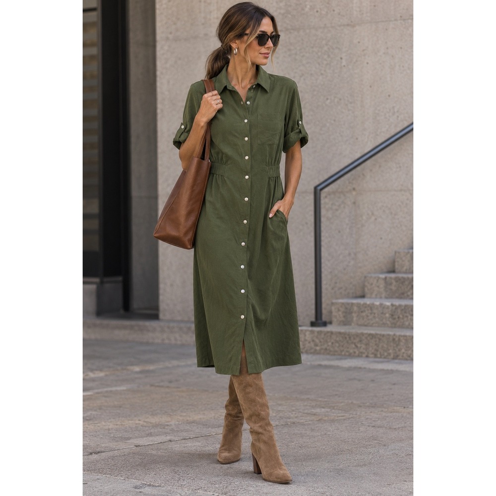 A New Day Olive Green Utility Button Front Midi Shirt Dress Roll Tab Sleeve Med